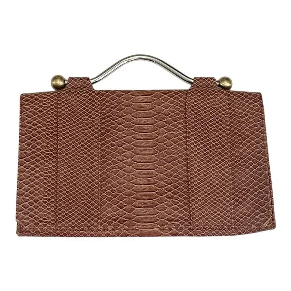 Vintage Zambos & Siega Faux Snakeskin Brown Clutch Bag Metal Handle 13x8x1.5 - Picture 7 of 9